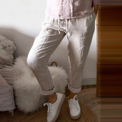 

LadiesPure Color Bandage Pocket Cotton And Linen Casual Trousers And Pants