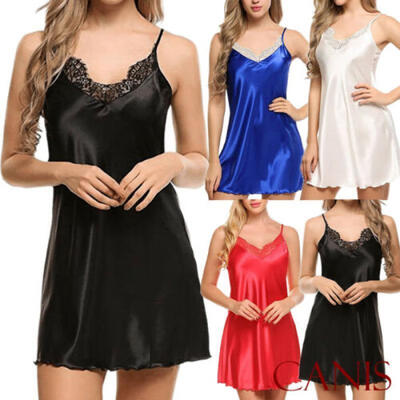

Smooth Women Satin Silk Sexy Lace Skirt Lingerie Pajamas Nightdress Sleepwear