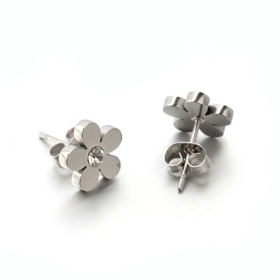 

304 Stainless Steel Ear Studs with Rhinestone Flower Platinum 105x105mm Pin 08mm