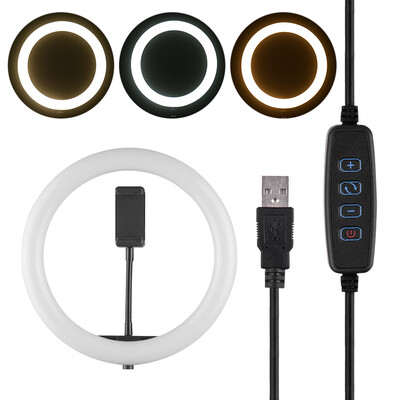 

10 Inch Desktop LED Video Ring Light Lamp 3 Lighting Modes Dimmable USB Powered with Phone Holder Ballhead Adapter for YouTube Liv