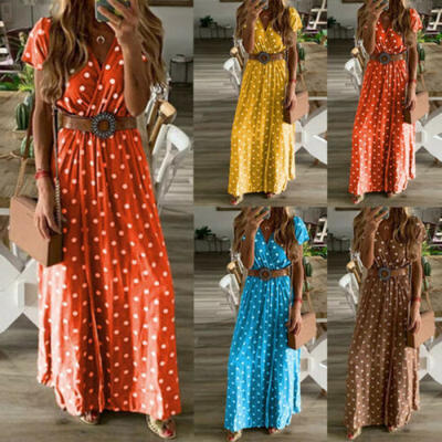 

Boho Women Summer Holiday Polka Dot Maxi Dress V-neck Long Shirt Dress Size 6-14