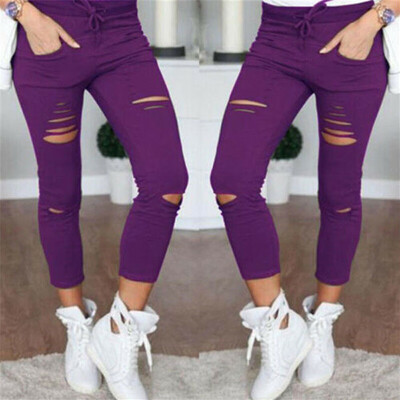 

Women Skinny Ripped Holes Jeans Nith Pants High Waist Stretch Pencil Trousers