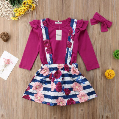 

3Pcs Baby Rose Red Long Sleeve Dress Outfit Suit Floral Print