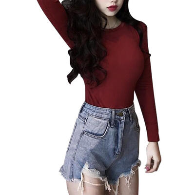 

Autumn Women Casual Basic T-shirts Solid Color Slim Fit Milk Silk Girls Top