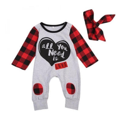 

Autumn Newborn Infant Baby Boys Girls Plaids Romper Jumpsuit Headband Outfits Clothes