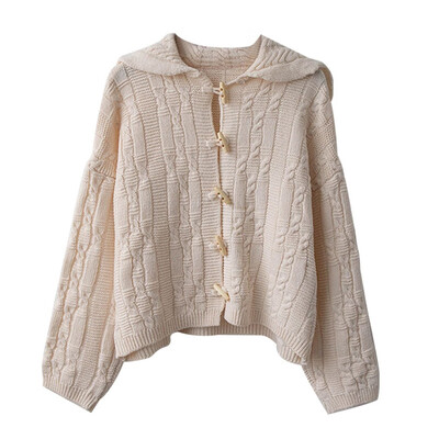 

Autumn New Loose Solid Color Retro Thick Wool Twist Horn Buckle Knit Sweater Women