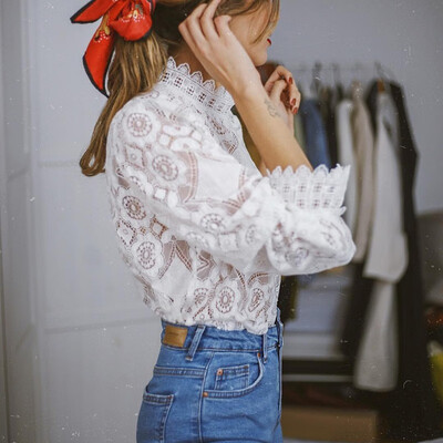 

Women Casual Loose Blouse Exquisite Elegant Lace Openwork Design Blouse Long-sleeved Solid Blouse