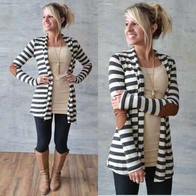 

New Fashion Women Casual Long Sleeve Striped Cardigans Patchwork Outwear Sweater