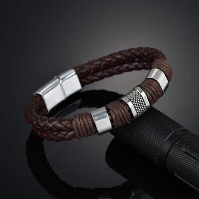 

2019 New Fashion Jewelry Punk 2 Color Zinc Alloy Accessories Weave Genuine Leather Men Bracelet Male Bangles
