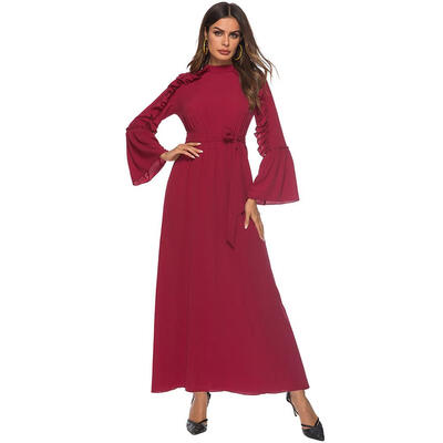 

Muslim Women Chiffon Maxi Dress Solid Color Flare Sleeve Elegant Dresses