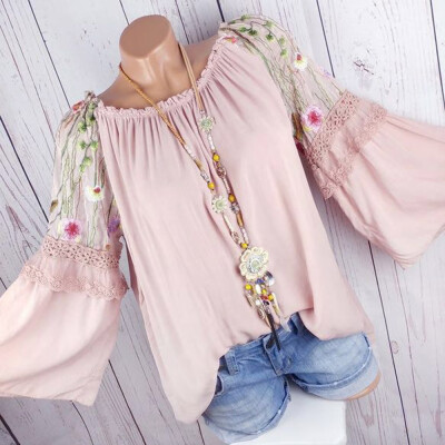 

Nomeni Fashion Women O-Neck Blouse Floral Embroidery Lace Flare Sleeve T-shirt Tops