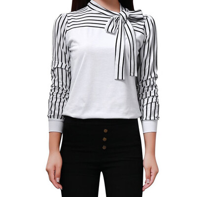 

Nomeni Women Tie-Bow Neck Striped Long Sleeve Splicing Shirt Blouse BK