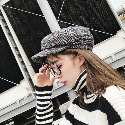 

Berets female autumn&winter English painter hat Korea Cap female Joker Japanese herringbone plaid octagonal hat