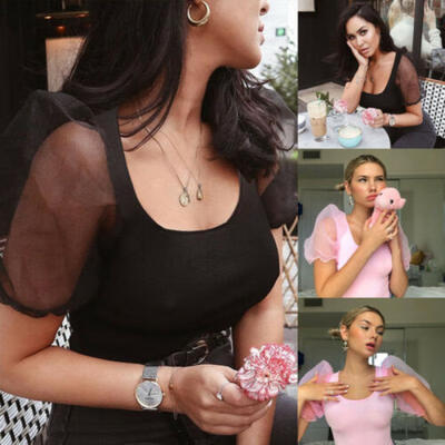 

UK Womens Cropped Tops Solid Tee Casual T-shirts Mesh Sleeve Blouse Top Vest