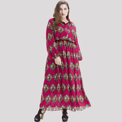 

Bohemian Women Plus Size Chiffon Print Maxi Dress Turn-down Collar Long Sleeve Elastic Waist Long Dress Burgundy