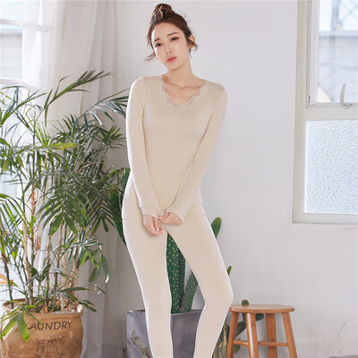 

Urban beauty warm underwear female 19 autumn&winter seamless three-dimensional plastic V-neck medium thick long-sleeved trousers warm suit 2W8112 pearl skin