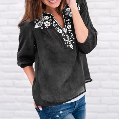 

Plus Size Women Long Rolled Sleeve Zipper V Neck Shirt Casual Floral Print Tops