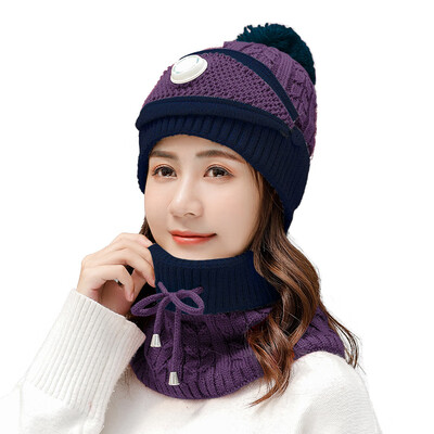 

Autumn&Winter New Womens Hat Fur Ball Head Cap Neck&Mask Three-piece Suit Warm&Cold-proof Woman Knitted Cap