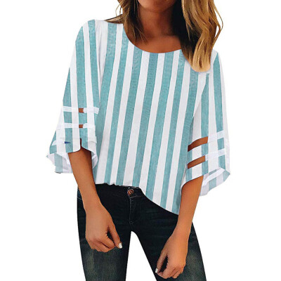 

Starmoon Women Summer Stripe Prints O Neck Mesh Panel Blouse 34 Bell Sleeve Top Shirt