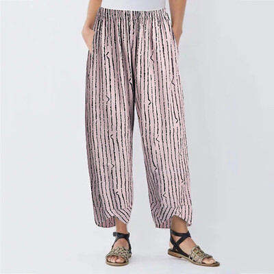 

Tailored Women Casual Stripe Cotton Linen Pant Loose Trousers Elastic Band Straight Pants