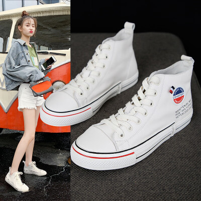 

The first layer of leather high-top shoes female students flat Korean version of ins casual women