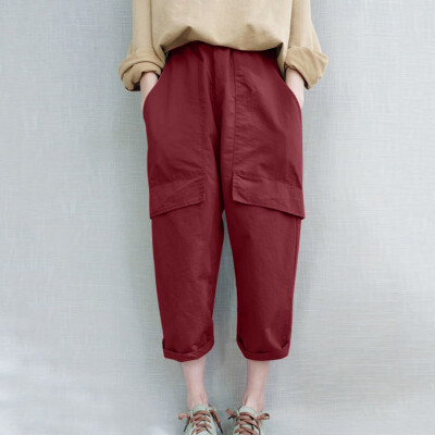 

Tailored Women Casual Cotton&Linen Solid Trousers Loose Ankle-Length Pant