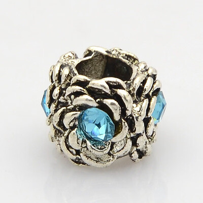 

Rondelle Antique Silver Tone Alloy Rhinestone European Beads Large Hole Beads Aquamarine 12x9mm Hole 5mm