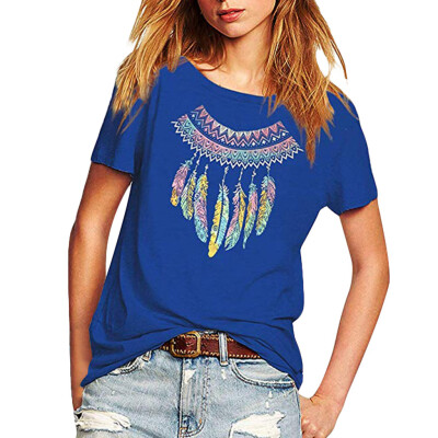 

Nomeni Women Summer Feather Printing Short Sleeve Tunic T-Shirt Tops Blouse