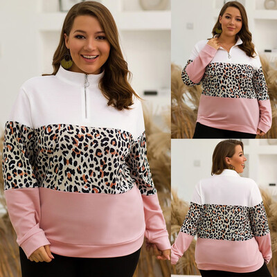 

Gobestart Womens Plus Size Stand Leopard Stitching Contrast Color Pullover Sweatshirt