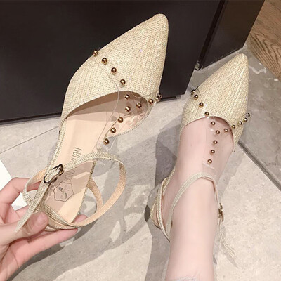 

Korean version elegant early spring bag head sexy riveted sandals womens fine heeled tip button-up heels