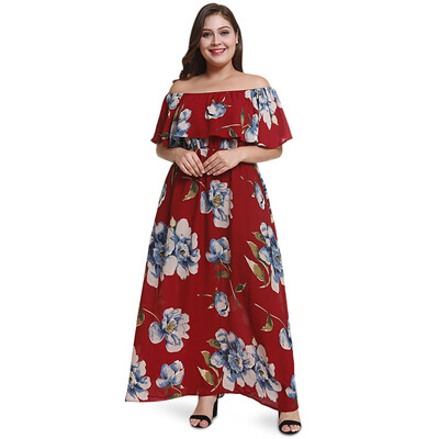 

Off The Shoulder Flounce Floral Print Pocket Plus Size Women Maxi Dress