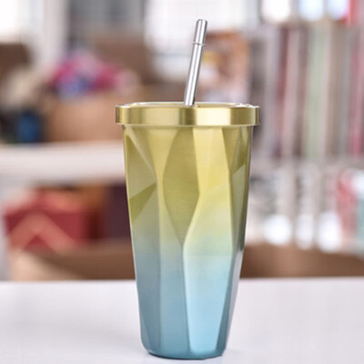 

Fashion Travel Summer Stainless Steel Straw Cold Double Wall Fit Water Drinking Cup Gradient Color Coffee Cup with Lid