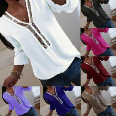 

Ladies Women Sequins Plus Size Office Top Blouse V Neck Casual Loose T-Shirt Tee