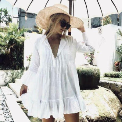 

Women Bikini Cover Up Swimwear Summer Beach Wear Loose V Neck Blouse Shirt Dress