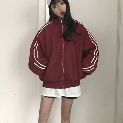 

Patchwork Solid Striped Women Windbreaker zipped Long Sleeve Jacket High Neck 2019 Spring Autumn Women Athleisure Coats