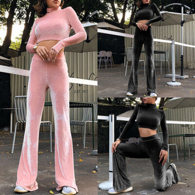 

2Pcs Women Tracksuit Sets Crop TopSweatshirt Long Pants Trousers Sport Suits