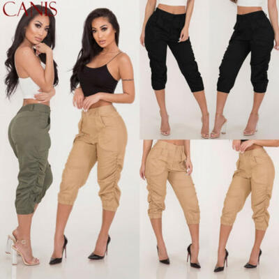 

Vintage Women Ladies High Waist Cargo Elastic 34 Long Pants Harem Trousers US