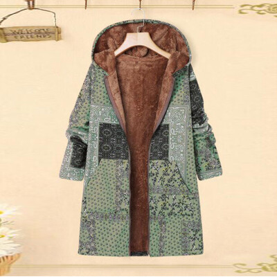 

Toponeto Plus Size Women Winter Warm Printed Pockets Thicker Zipper Hooded Coat Outwear