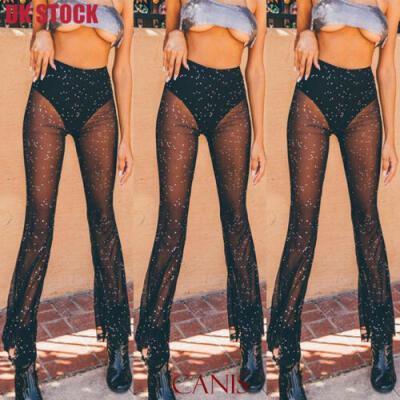 

UK Women Crochet Beach Wide Leg Pants Lace See Through Swimwear Long Trousers