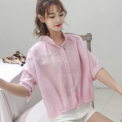

Womens Striped Print Stand Collar Half Sleeve Loose Irregular Blouse