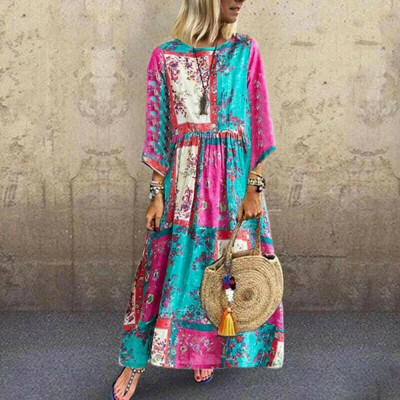 

Women Boho Cotton Linen Long Maxi Dress Long Sleeve Casual Boho Kaftan Tunic