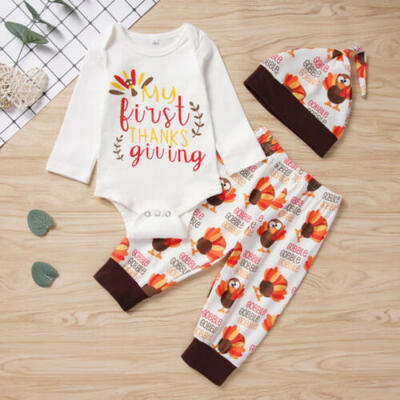 

US My First Thanksgiving Newborn Baby Girl Boy Romper Pants Hat Clothes Outfits