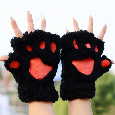 

Women Cute Cartoon Cat Thick Plush Bear Paw Half Finger Gloves Winter Girl Fingerless Cat Claw Fashion Warm Gloves