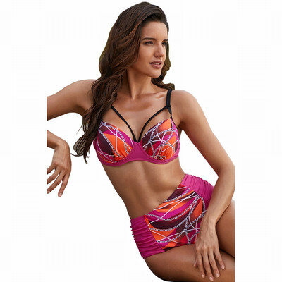 

Three-point bikini Womens tube top strap abstract printed high waist split swimsuit