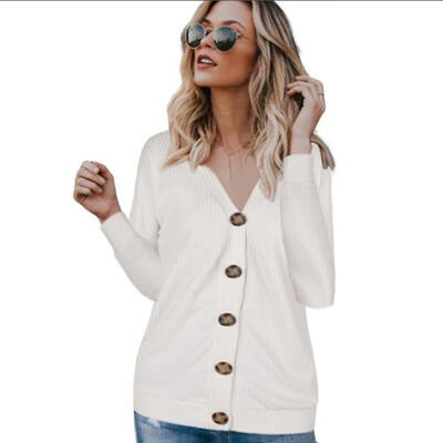 

Women V-Neck Knitted Sweater Long-Sleeves Autumn Winter Buttons Cardigan