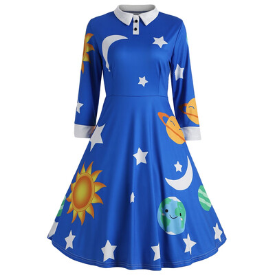 

Long Sleeve Sun Moon Star Print A-line Women Dress