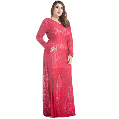 

Women Plus Size Lace Maxi Dress V-Neck Full Sleeve Lined Evening Party Solid Long Dress