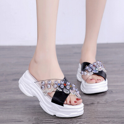 

Fashion string pearl water drill muffin with one-word slippers spring&summer slippers with slippery thick soles