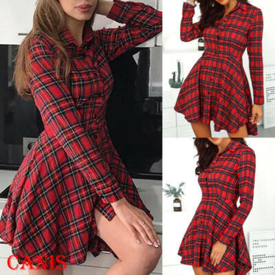 

Womens Ladies Mini Length Front Button Shirt Check Full Sleeves Blouse Dress
