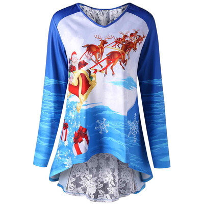 

Christmas Lace Insert Lace Up Dip Hem Top
